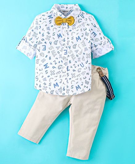 ToffyHouse 100% Cotton Woven Full Sleeves Alphabet Printed Shirt and Cotton Twill Trousers Set with Bow & Suspender - (Suspender Color May Vary )