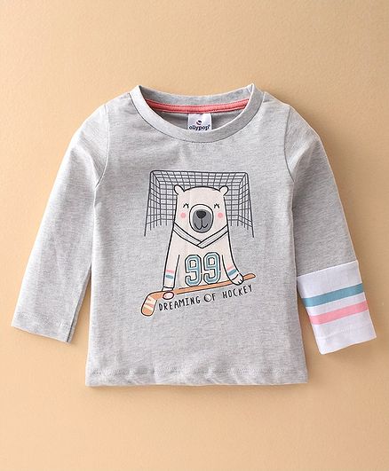 Ollypop Sinker Full Sleeves T-Shirt Hockey & Bear Print - Grey Melange