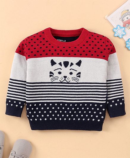 ToffyHouse 100% Cotton Full Sleeves Pullover Sweater with Kitty Design - Navy Blue & Red