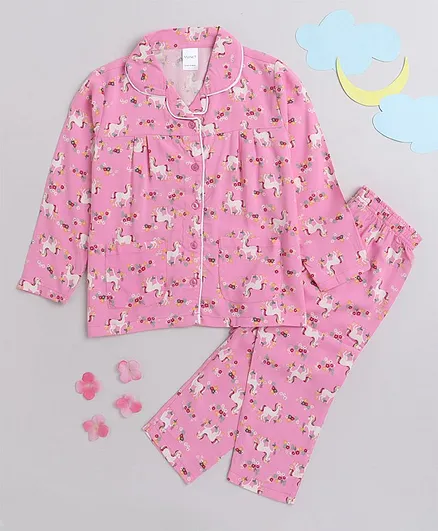 MANET Girls 100% Cotton Full Sleeves Floral Printed Night Suit - Pink