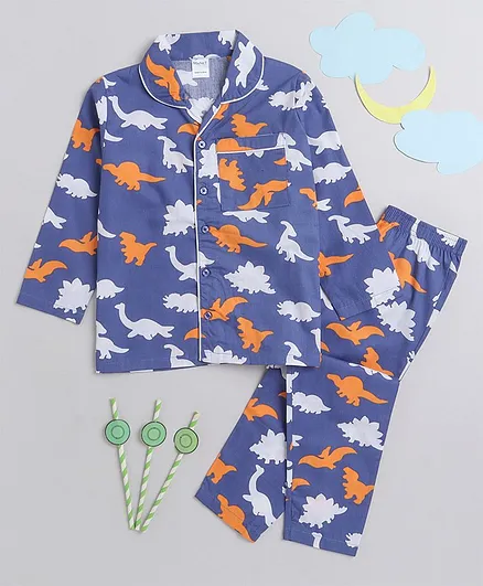 MANET Boys 100% Cotton Full Sleeves Baby Dinosaur Printed Night Suit   - Blue