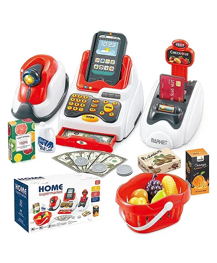 NEGOCIO Happy Cash Register for Kids with Checkout Scanner Fruit Card Reader Credit Card Machine Play Money and Food Shopping Play Set - COLOR MAY VARY