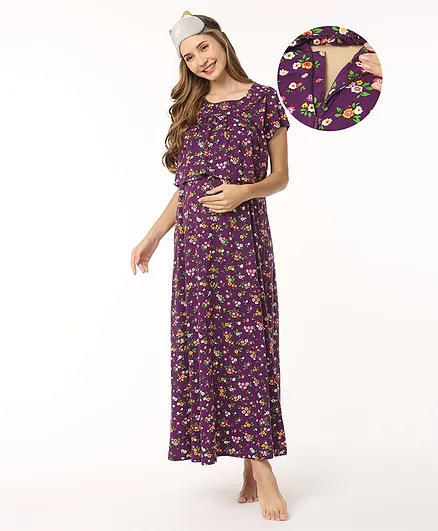 Bella Mama Cotton Half Sleeves Floral Printed Nighty with Concealed Zipper - Purple