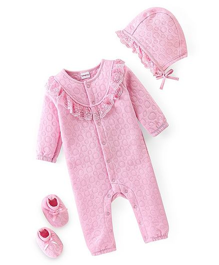 Babyhug Winter Polyfill Full Sleeves Romper With Cap & Booties Circles Print - Pink