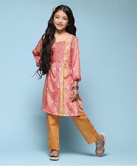 BIBA Three Fourth Sleeves A-Line Printed Kurta Set - Yellow