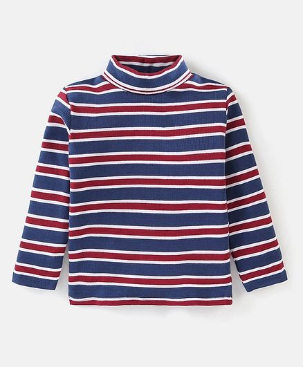 Babyhug 100% Cotton Knit Full Sleeves Turtle Neck Tee with Stripes Design - Navy Blue & Red