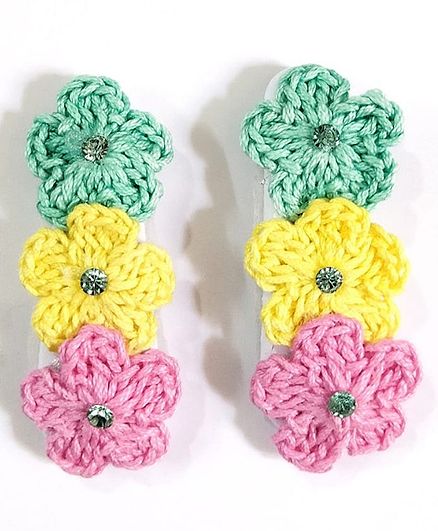 HAPPY THREADS Crochet Flower Detailed Hair Pins  - Green Yellow & Pink