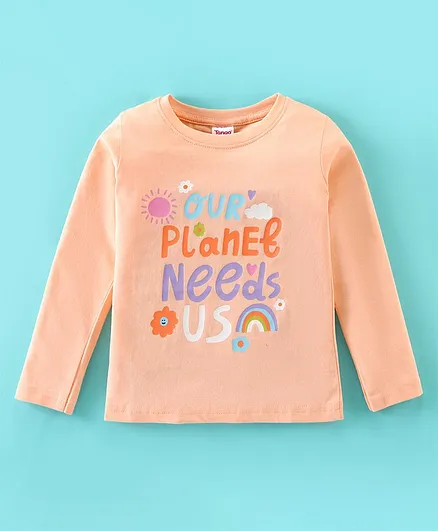 Tango Cotton Jersey Full Sleeves Top With Text Print - Peach
