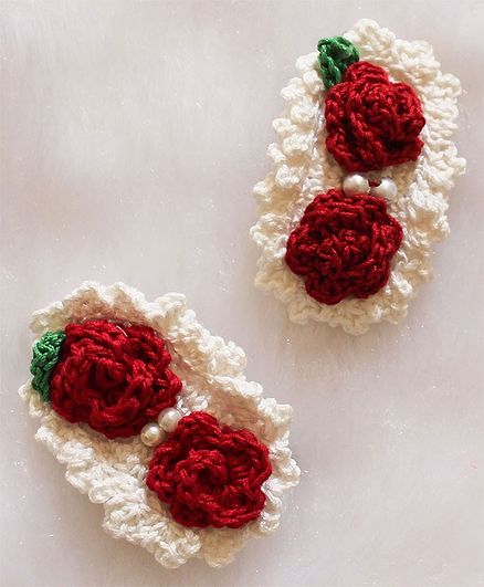 Woonie Set Of 2 Rose Applique Crochet Design  Hair Clips - Red