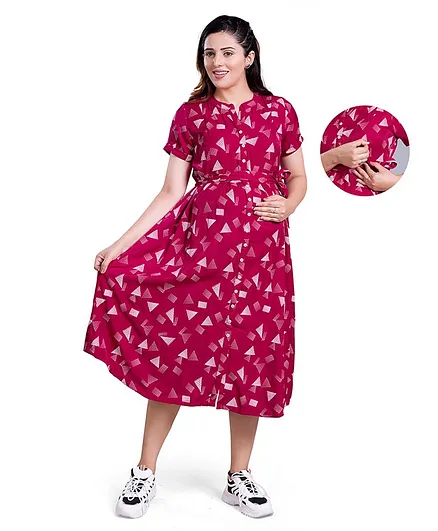 Mamma's Maternity Half Sleeves Geometric Design Printed Maternity Dress With Nursing Access - Red