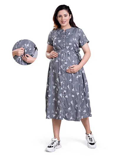 Mamma's Maternity Half Sleeves Geometric Design Printed Maternity Dress With Nursing Access - Grey