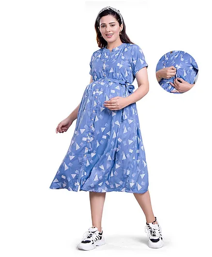 Mamma's Maternity Half Sleeves Geometric Design Printed Maternity Dress With Nursing Access - Sky Blue