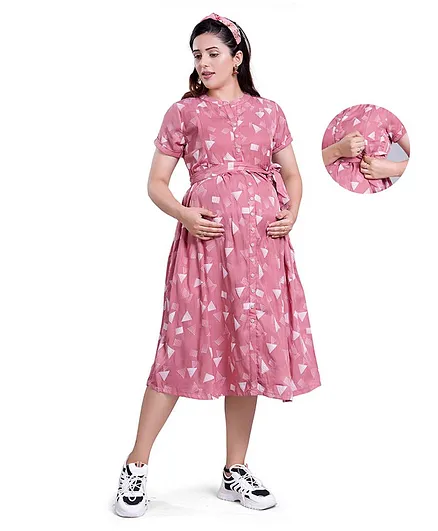 Mamma's Maternity Half Sleeves Geometric Design Printed Maternity Dress With Nursing Access - Rose Pink