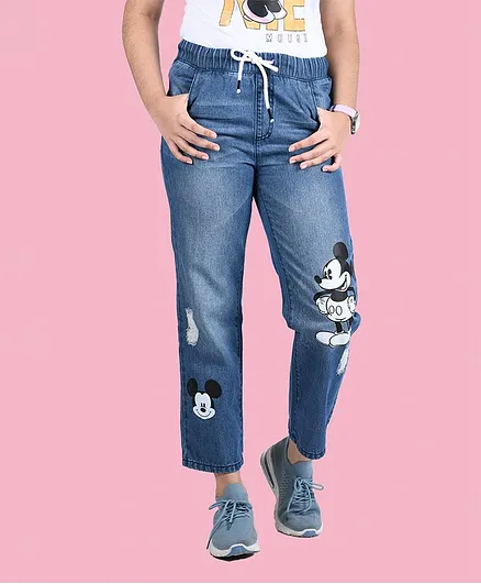 ZALIO  Mickey Mouse Printed Draw Cord Denim Straight Fit Light Fade Jeans - Blue