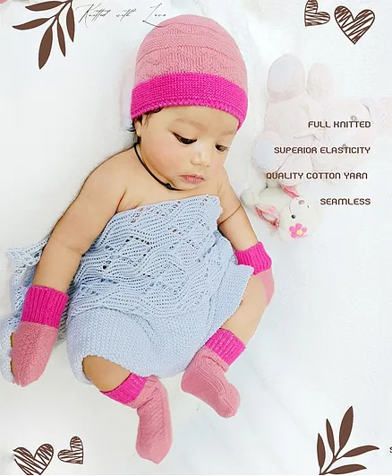 BHARATASYA 100% Cotton Knitted Cap Mittens & Socks Set - Pink