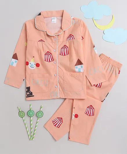 MANET Girls 100% Cotton Full Sleeves  Circus Theme Printed Night Suit - Light Orange