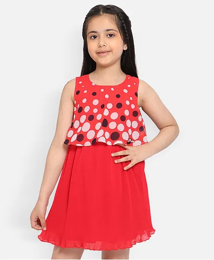 Nauti Nati Sleeveless  Polka Dots Printed Layered A Line Dress - Red