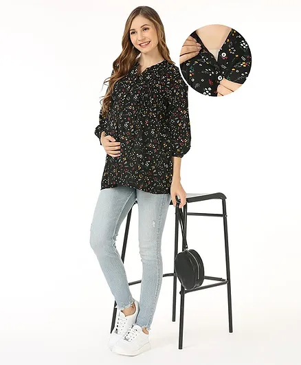 Bella Mama Viscose Woven Three Fourth Sleeves Maternity Top with Pocket & Floral Print - Black
