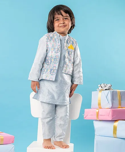 Kirti Agarwal Pret N Couture Blue Embroidered Jacket With Blue Kurta And Pyjama For Boys - Blue And White