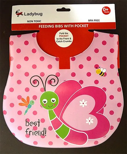 Ladybug Feeding Crumb Catcher Bib With Pocket Butterfly Design - Pink