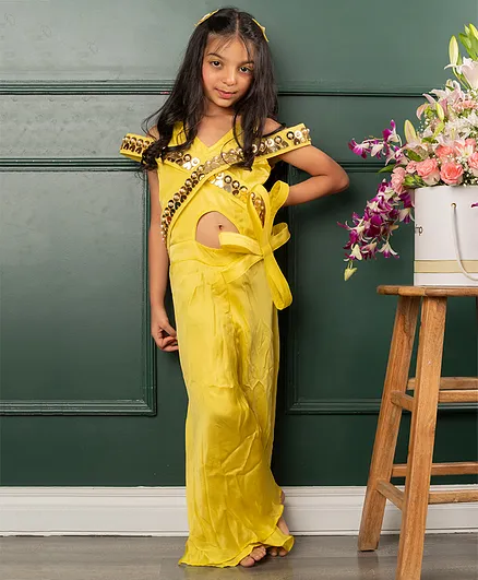 Kirti Agarwal Pret N Couture Stylish Heart Shaped Mirror Work Jumpsuit For Girls - Yellow