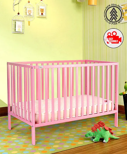 Babyhug Visby Wooden Cot with 3 Level Height Adjustment & Plug and Play Assembly - Pink