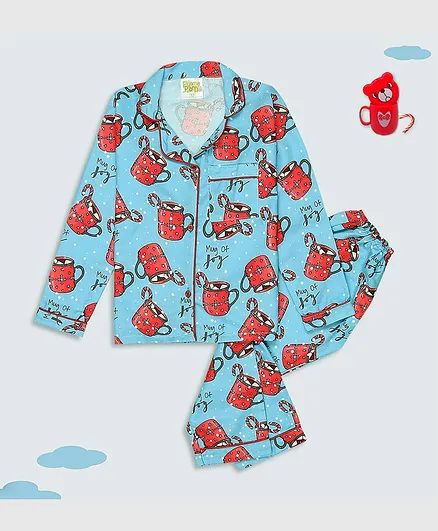 Pyjama Party Cotton Rayon Christmas Theme Full Sleeves  Hot Chocolate Mugs Printed Shirt With Coordinating Pajama Set - Blue