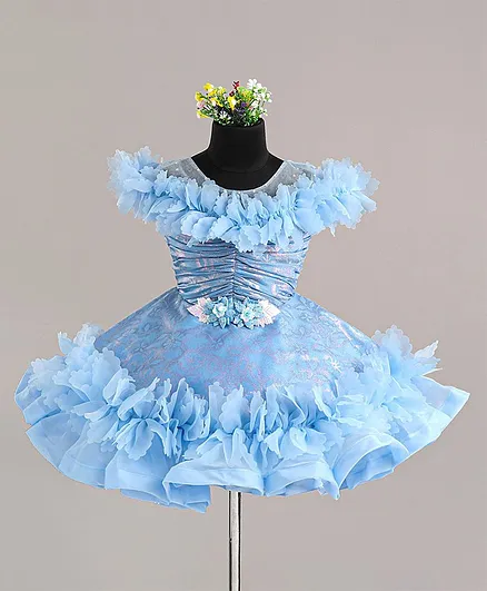 Enfance Cold Shoulder Half Sleeves Seamless Floral Printed & Corsage Embellished Fit & Flare Dress - Sky Blue