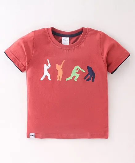 Taeko Single Jersey Knit Half Sleeves T-Shirt Player Print - Red