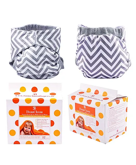 Bumchum Hybrid Diaper Cover Chevron With Washable & Disposable Nappy Pads Grey - 24 Pieces