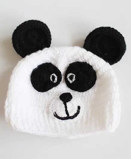 Woonie Panda Face Detailed Handmade Crochet Cap - White