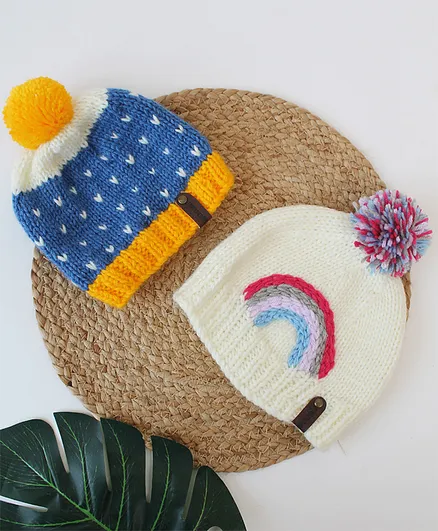 Woonie Pack Of 2   Heart & Rainbow Embroidered With Pom Pom Detailed  Hand Knitted Baby Caps - Blue