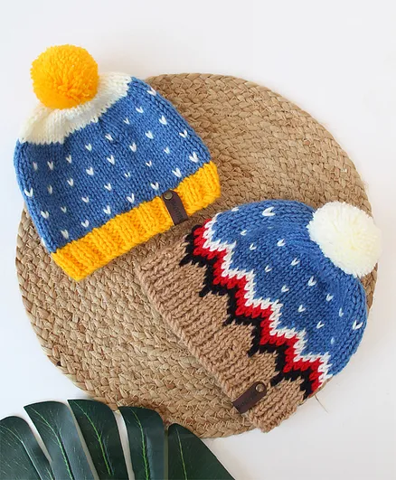 Woonie Pack Of 2 Heart Embroidered & Chevron Design With Pom Pom Applique Detailed    Hand Knitted Baby Caps - Blue