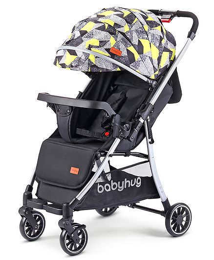 Babyhug Travel Compact Baby Stroller with Reversible Handle Adjustable Backrest & Canopy - Yellow| Concealed Link Brake| Suspension Wheels