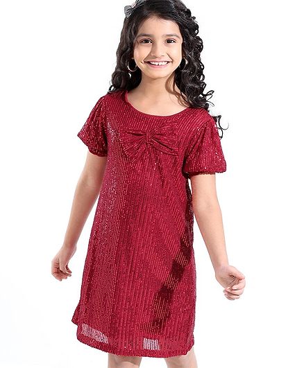 Hola Bonita Puff Sleeves Sequin Embellished Party Dress - Maroon