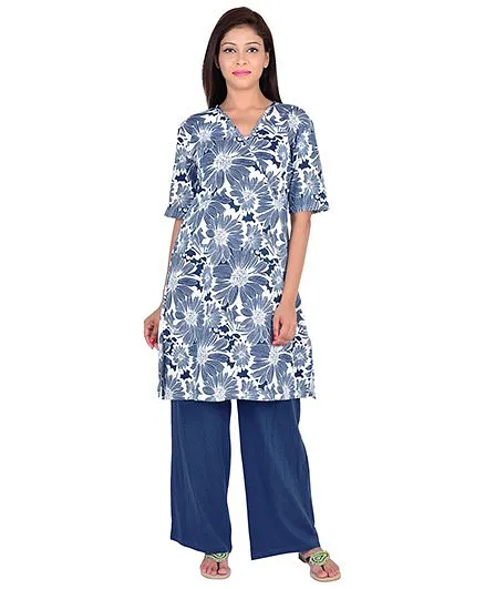 9teenAGAIN Half Sleeves Maternity Nursing Top And Pajama Floral Print - Blue White