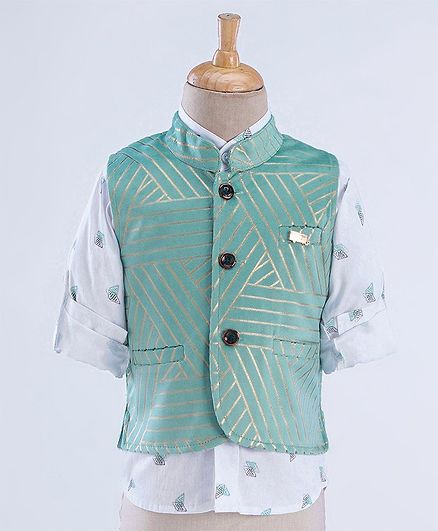 Dapper Dudes Full Sleeves Motif Printed Shirt With Geometric Foil Printed Waistcoat - Pista Green & White