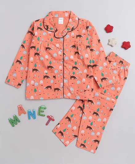MANET  100% Cotton Full Sleeves Animal Printed Night Suit - Orange