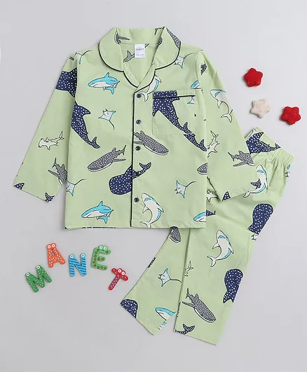 MANET  100% Cotton Full Sleeves Whale Printed Night Suit - Green