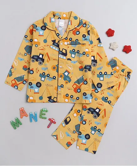 MANET 100% Cotton Full Sleeves Vehicles Printed Night Suit - Yellow