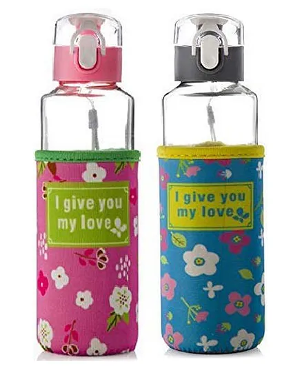 U-Grow Borocilicate Glass Bottle/Sipper Fridge with Insulated Cover with Insulated Cover 360 ml (Pink & Grey)