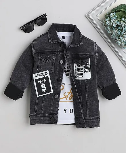 Buy Ministitch Full Sleeves Patch Detailed Denim Jacket With Text Printed  Tee Black for Boys (4-5 Years) Online in India, Shop at