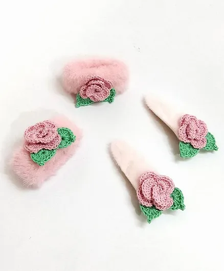 HAPPY THREADS Set Of 4 Crochet Flower Embellished Hair Bands & Clips - Pink