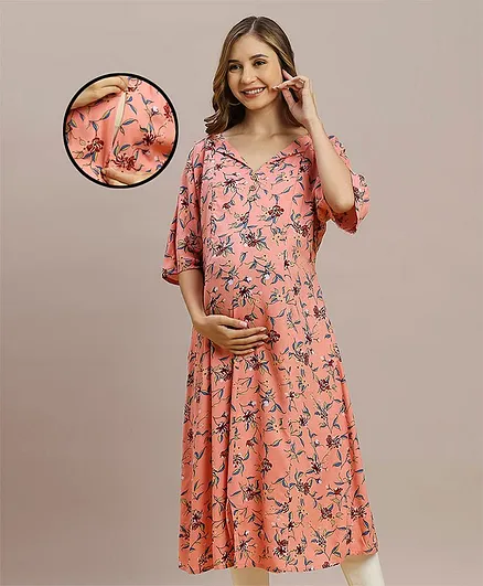 MomToBe Three Fourth Sleeves Floral Printed Maternity Kurta With Concealed Zipper Nursing Access - Peach