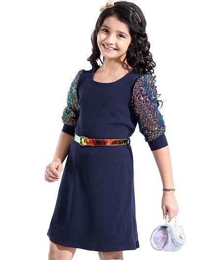 Hola Bonita Knitted Full Sleeves Textured Fabric Dress with Sequin Detailing - Navy Blue