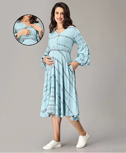 The Mom Store Full Sleeves Shibori Tie Dye Maternity Dress With Concealed Nursing Access - Aqua Blue