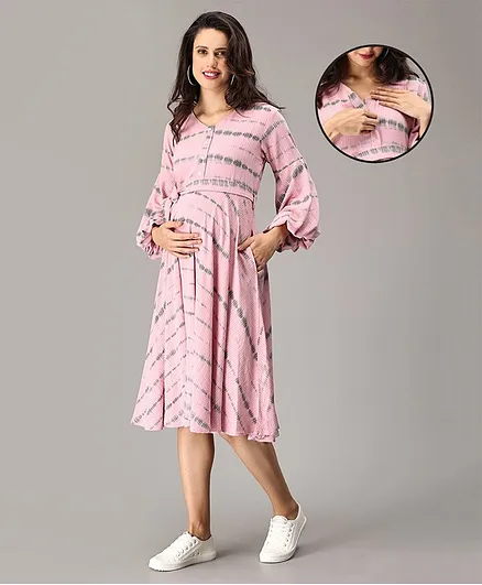 The Mom Store Full Sleeves Shibori Tie Dye Maternity Dress With Concealed Nursing Access - Pink