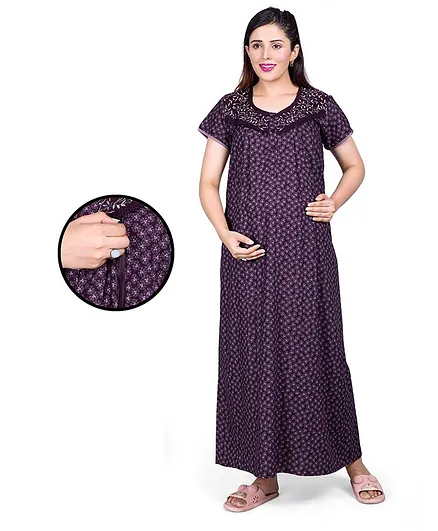 Mamma's Maternity Half Sleeves Seamless Floral Printed Maternity Night Dress With Concealed Zipper Nursing Access - Purple