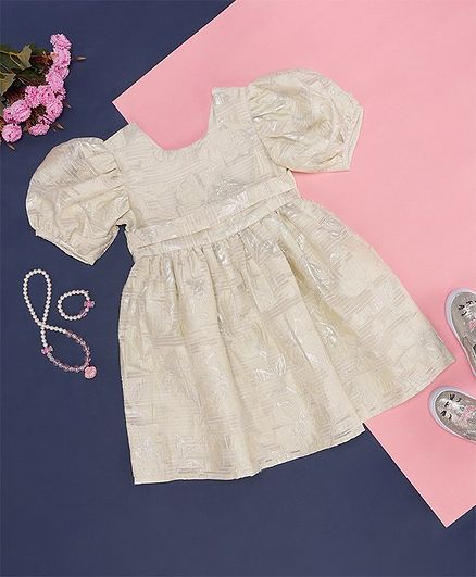 Pantaloons Junior Half Puffed Sleeves Vintage Style Woven Floral Designed Fit & Flare Dress - Off White