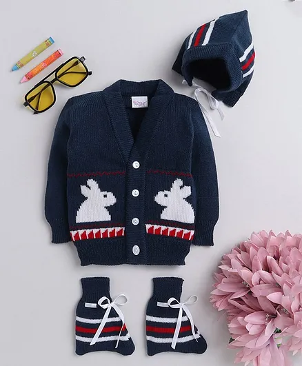 Little Angels Full Sleeves Striped Pattern & Rabbit Designed Sweater Set - Navy Blue